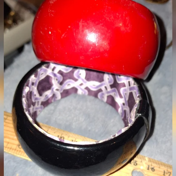 Statement Bangle Wide Bracelet Inner Lining Red And Black Set Of Two - Picture 8 of 8